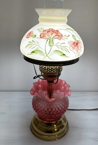 VTG Fenton Lamp Hand Painted Milk Glass Shade C. Brown & Cranberry Hobnail Base