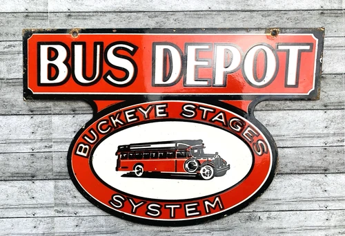 VINTAGE 12x8" BUS DEPOT GASOLINE PUMP STATION PORCELAIN DIE-CUT MOTOR OIL SIGN