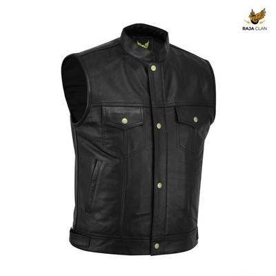 Herren Top Grain Leder Weste Cut Off Style Sons Anarchy Gun Taschen Weste