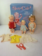 Vintage 1960s Deluxe Reading 7" Suzy Cute Baby Doll in Case w 2 Ideal Dolls 1964