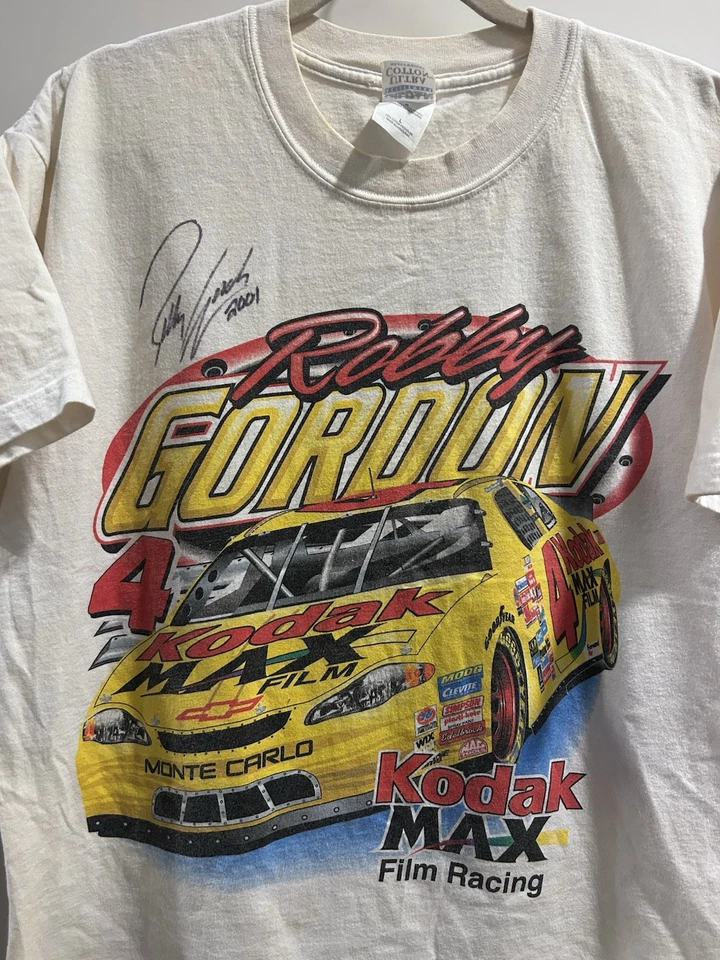 NASCAR Robby Gordon 柯达 #4 复古 T 恤男式 L 2001 年亲笔签名 AOP — 第 2/4 张图片