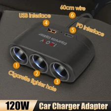 3 Way 120W Multi Car Cigarette Lighter Socket Extension Splitter USB Charger 12V