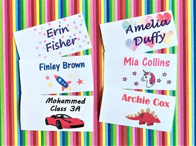Personalised Waterproof Sew In Name Labels/ Tags - Colour - Unicorn, Dinosaur