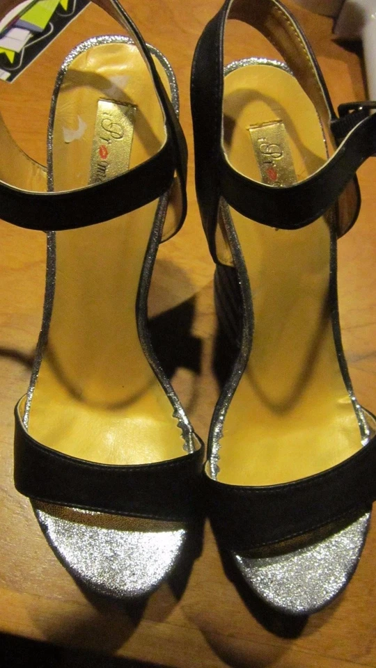 WOW! ¡PROMESA! SANALES PLATAFORMA CUÑA 5.5" Talla 8M Negro y Plata Foto 3 de 4