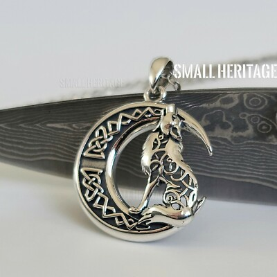 #ad 925 Sterling Silver Wolf Moon Necklace Amulet Pendant 20 In Chain Women Men $84.18