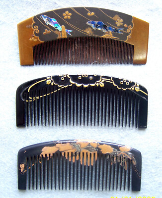 Three vintage Japanese traditional hair combs with inlay and