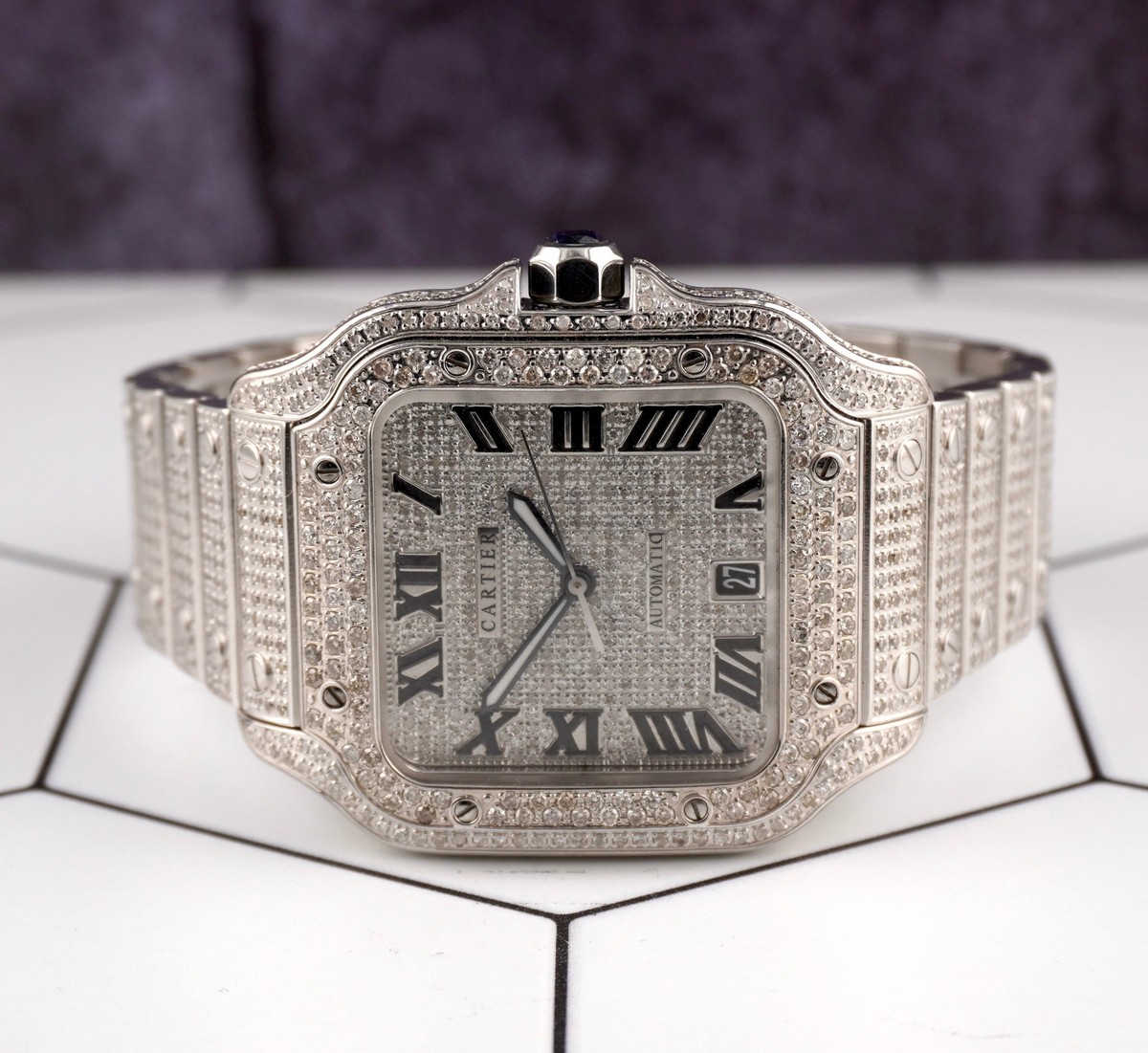 Cartier Santos Large 40mm Men's Steel Roman Iced Out 12ct