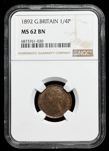 GREAT BRITAIN. Queen Victoria, Copper Farthing, 1892, NGC MS62 BN