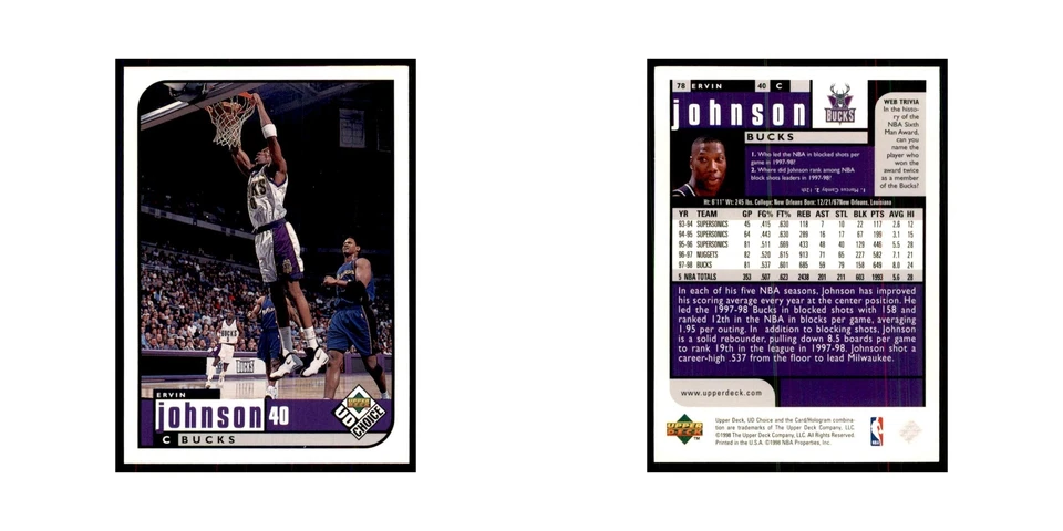 1998 UD Choice Ervin Johnson Basketball Cards #78 - Image 3 of 3