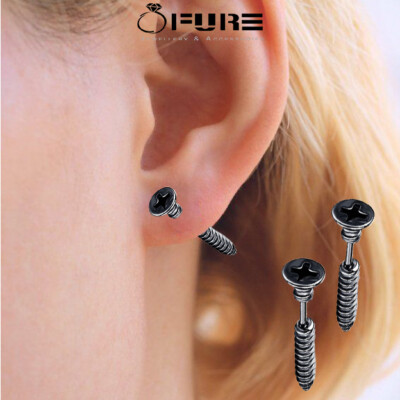 Pair Black Screw Gothic Punk Nail Earrings Surgical Steel Piercing