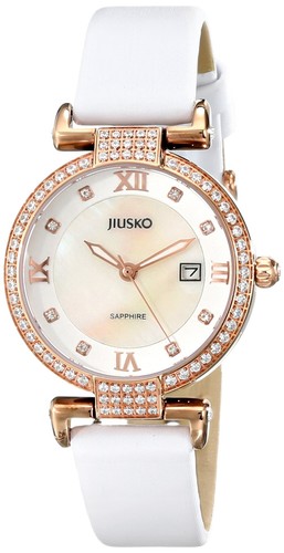 Jiusko Women's Rosegold Diamond Accent White Leather Wrist Watch Mother of Pear