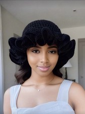 Women Handmade Crochet Ruffle Knit Hat Warm Winter Autumn Beanie BLACK