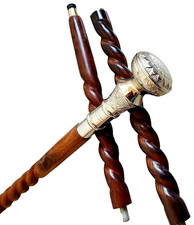 Victorian Brass Nickel Finish Handle Brown Wood Spiral Curved Walking Stick