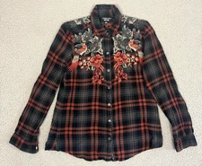 Johnny Was Workshop Shirt Womens Small Black Red Plaid Embroidered Birds Floral