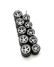 5x PACK Gasser Wheels Chrome Advan V2 11/13mm Size W/ Rubber Tires for 1/64 HW