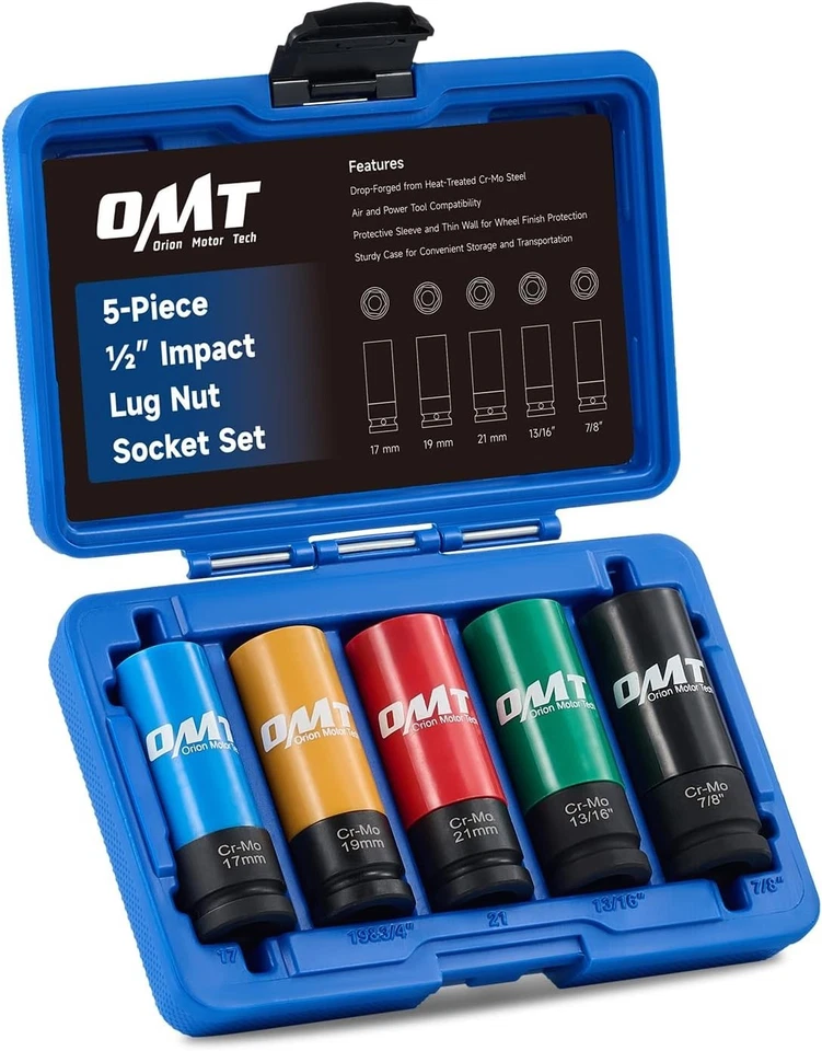 Impact Socket Set 5pc 1/2 Drive Metric SAE Thin Wall Lug Nut Removal Kit - Image 3 of 4