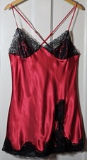Frederick's of Hollywood Lingerie L Red Satin Slip Dress Black Lace Cross Back