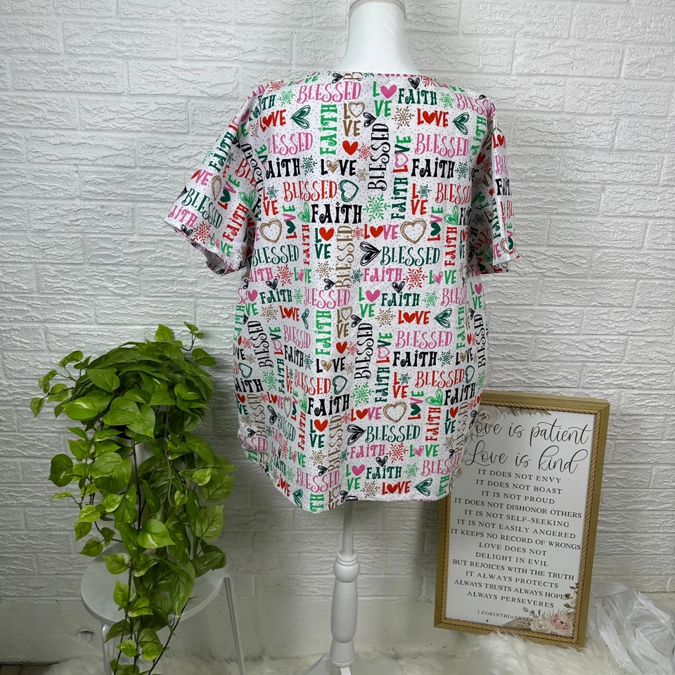 Women's NWT 3X Divine Curves scrub top blessed faith love words Nurse Medical - Image 3 of 4