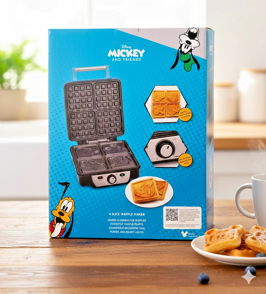 Disney Mickey Mouse Waffle Maker DSC 281B 4 Slice Non Stick Electric NIB
