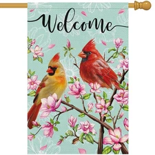 Cardinal Bird Welcome Spring Garden Flag, 28x40 Vertical Double Sided Burlap ...