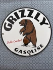 VINTAGE Grizzly Gas 12” ENAMEL SIGN WITH GROMMETS!