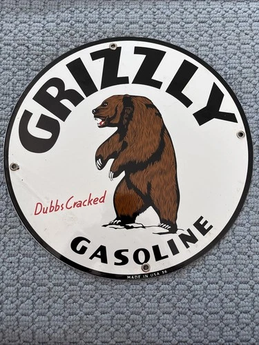 VINTAGE Grizzly Gas 12” ENAMEL SIGN WITH GROMMETS!
