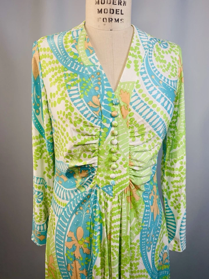 Vestido Vintage TALLA GRANDE Azul Verde Lima RONA 60s 70s Maxi Psicodélico Foto 3 de 4