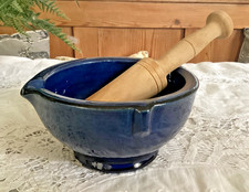 Vintage Blue Ceramic and Wood Pestle and Mortar Studio Pottery Farmhouse Kitchen