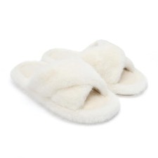 Womens Slippers Memory Foam Fuzzy Cross Band Faux Fur 9-10 Beige Cross