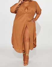 Fashion Nova Women's Plus 3X Lucia Shirt Dress Midi Linen Blend Cognac Brown