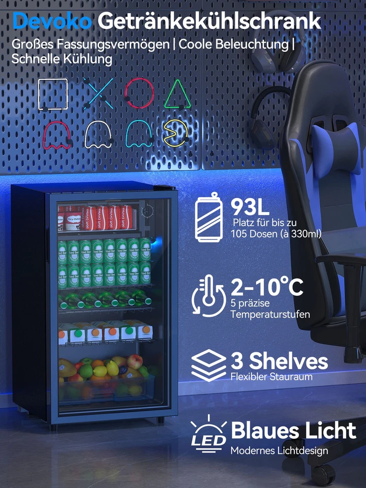 Getränkekühlschrank Flaschen mit Glastür Minibar 93L,LED Beleuchtung Schwarz - Bild 2 von 4