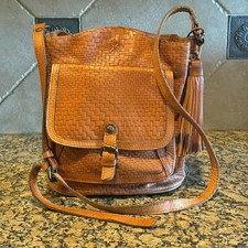 Vntg PATRICIA NASH Lovello Woven Italian Leather Detail Handbag/Rich Brown