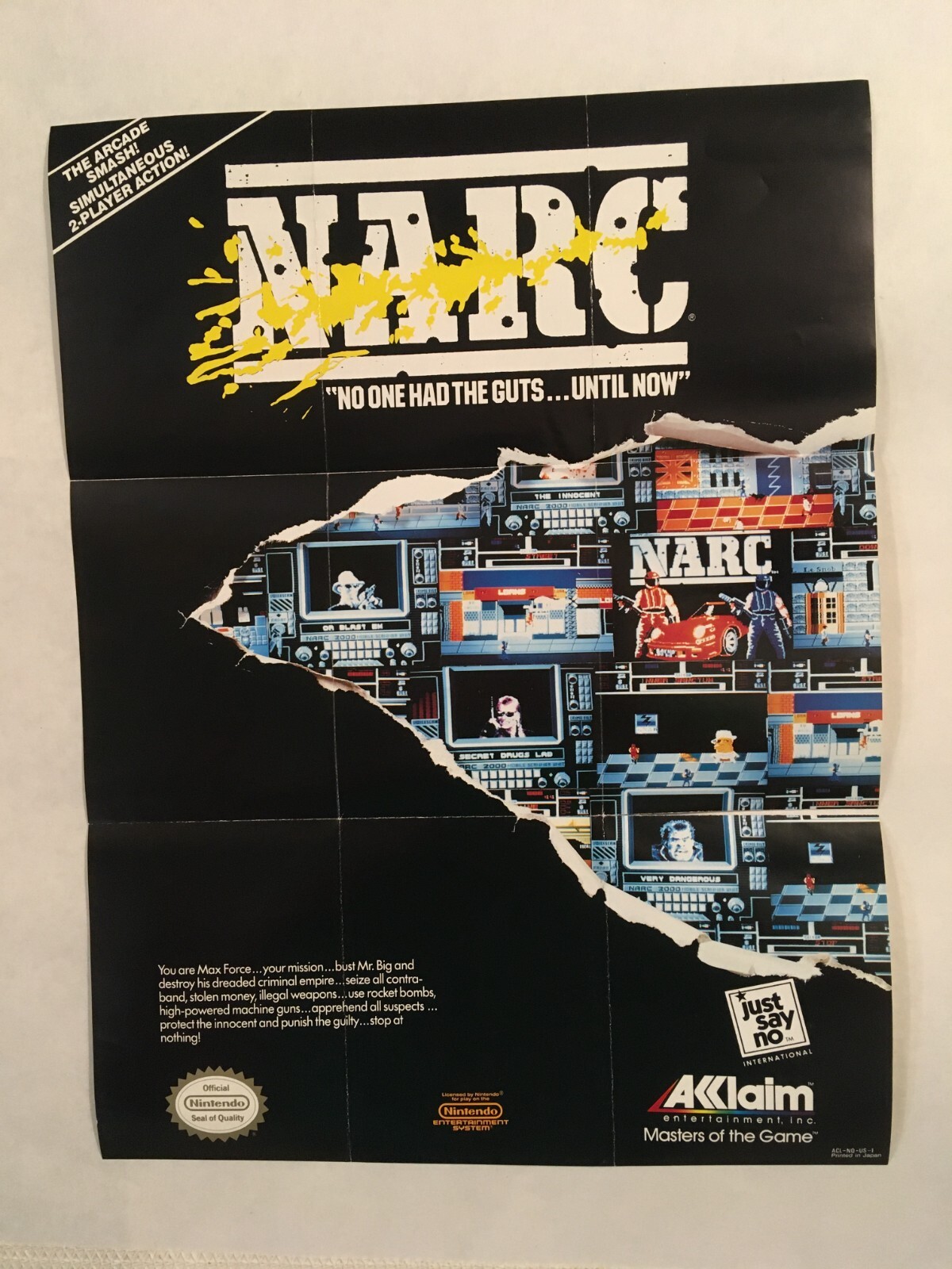 エヌページ Nintendo NES NARC Acclaim ACL-NQ-US-1 Double Sided Poster Insert