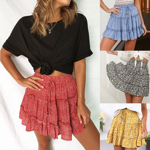 Bohemian Women's Skirt Summer Beach Mini Dress High Waist Elastic Ruffle Short - Picture 2 of 21