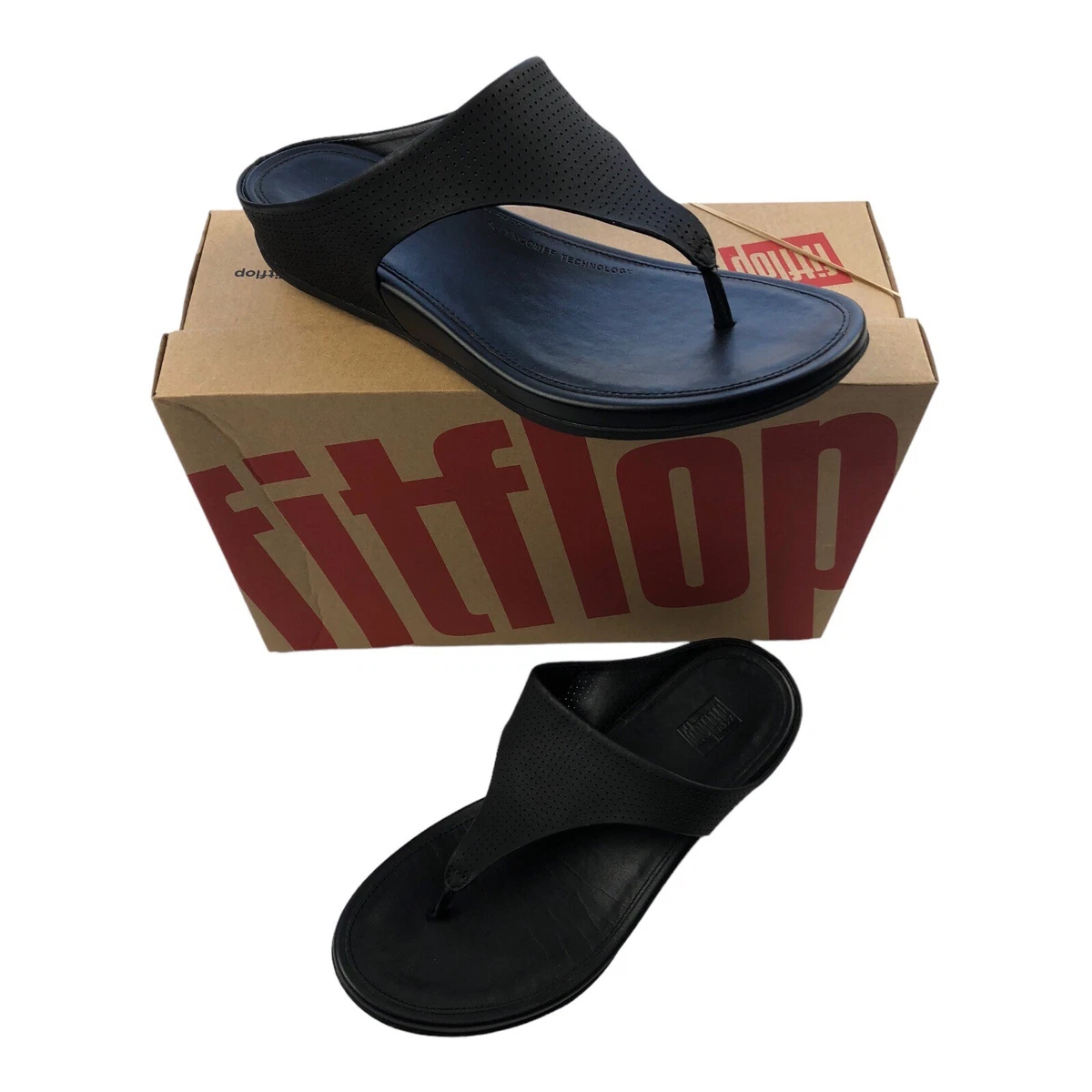 FITFLOPS Womens 9M Sandals Black Banda Perforated Leather Toe Post