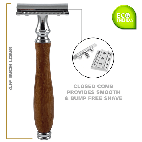 LONG WOODEN HANDLE DOUBLE EDGE SAFETY RAZOR FOR MEN BEARD WET SHAVE + 10 BLADES - Picture 4 of 6