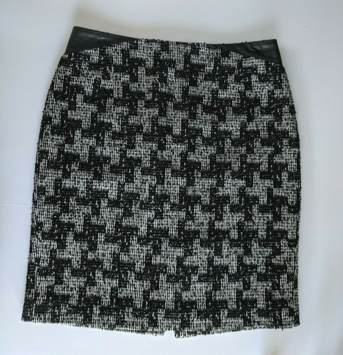 Classiques Entier Womens 12 Straight Pencil Skirt Wool Tweed Black White Leather - Picture 2 of 10