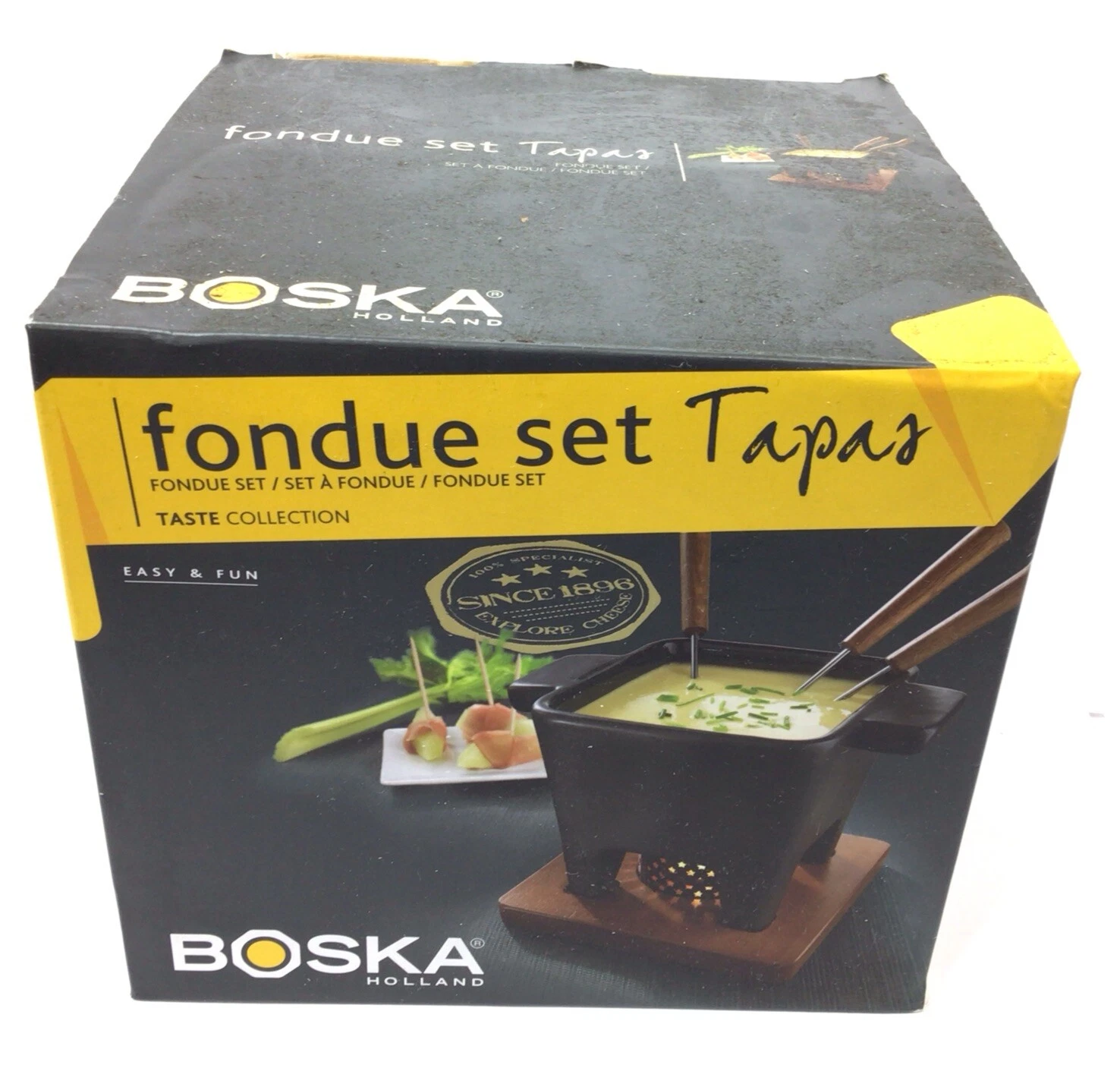 Boska Holland Tapas Cheese Fondue Set Chocolate Black Ceramic Mahogany Wood Mini