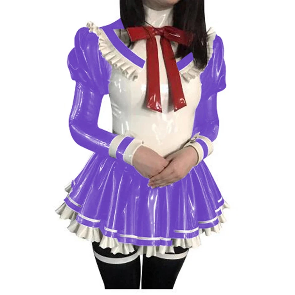 Shiny PVC High Neck Long Puff Sleeve Anime Maid Dress Sweet Maid Uniforms S-7XL - Image 4 of 4