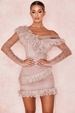 HOUSE OF CB Sorrel Tulle Asymmetric Minidress in Blush. Sz S Ethereal Coquette