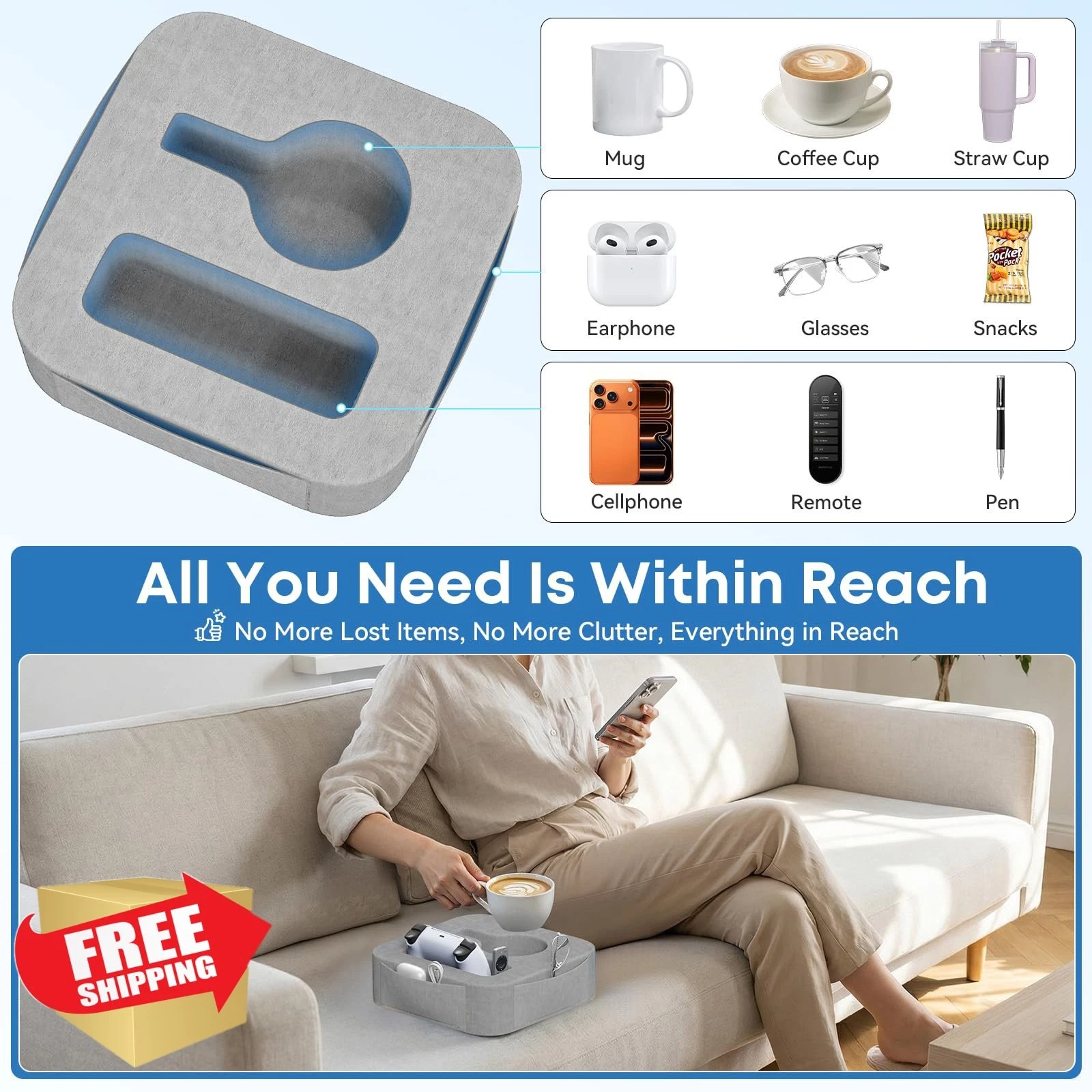 Couch Cup Holder Pillow Gray Removable Washable Sofa Caddy Tray