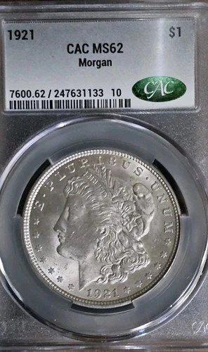 ​1921 Morgan Silver Dollar - PCGS MS62 - CAC Certified - Green Bean - 90% Silve✅