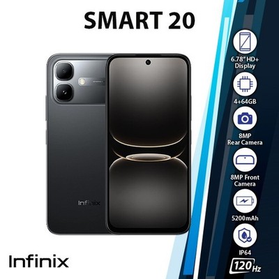 (New) Infinix Smart 20 Android Cell Phone (4GB+64GB/BLACK/Dual SIM/Unlocked)