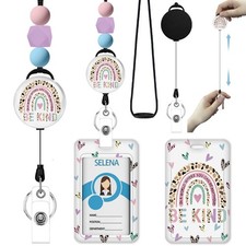 Be Kind Rainbow Retractable Teacher Lanyard with Silicone Beads ID Holder