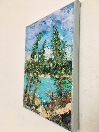 Paysage Naturel Impasto Peinture Huile sur Toile Arbres Montagnes Lac Tableau Signé - Photo 6/7