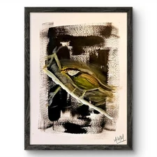 Original Acrylic Painting BIRD in Woods Gold Accents  9X12 PAPER - AM Mai