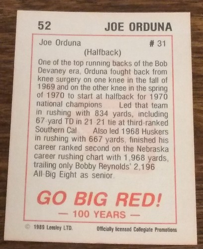 Joe Orduna - #31 Halfback Nebraska 1967-70 (Leesley Trading Card) - Picture 2 of 2