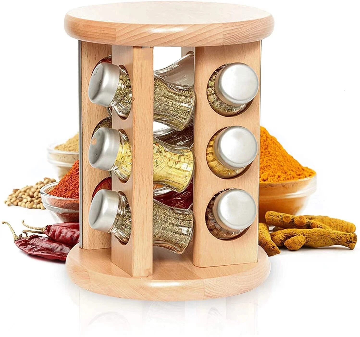 Rotating Wood Spice Rack for 12 Spice Jars, Wooden Handmade Eco Friendly Rotatin