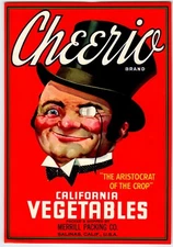Cheerio California Vegetables Crate Label Monocle Man 1940s Vintage Original