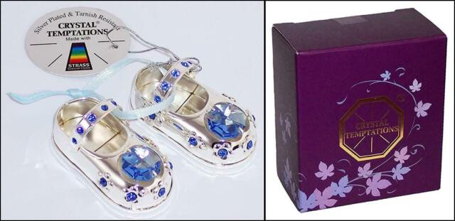 Silver Plated Crystal Blue Baby Boy Shoes 1st Gift Christening Keepsake Gift